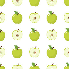 Seamless pattern with green whole and half apples on white background. Organic fruit. Cartoon style. Vector illustration for design, web, wrapping paper, fabric, wallpaper.