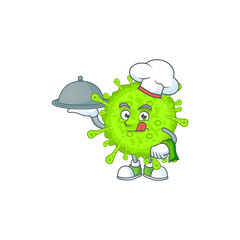 chef cartoon character of orthocoronavirinae with food on tray