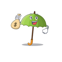 Smiley rich green umbrella cartoon character bring money bags