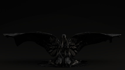 Black Evil Spirit with Wings Sitting Down Leaning Back Covered with a Sheet Blowing in the Wind Black Background Front View 3d illustration 3d render