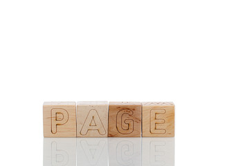 Wooden cubes with letters page on a white background