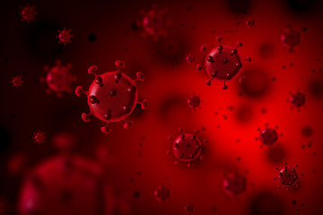red coronavirus disease COVID-19 infection medical illustration.China pathogen respiratory influenza covid virus cells. in dark red background, digital paint.