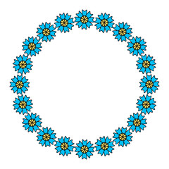 Floral wreath. The flower frame is drawn in a Doodle style .Color illustration isolated on a white background.For making invitations and postcards.Circle of elements.Vector illustration.
