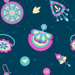 Vector bright seamless pattern with woman's accessories on the dark background. Female things in cartoon style. Artwork for wallpaper, textile, greeting cards, invitations, prints, home decor.