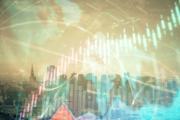 Forex graph on city view with skyscrapers background multi exposure. Financial analysis concept.
