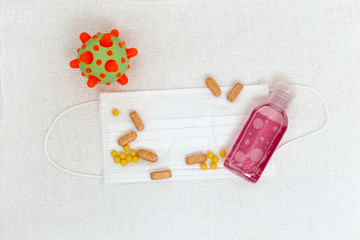 Abstract virus strain model of MERS-Cov or middle East respiratory syndrome coronavirus and Novel coronavirus 2019-nCoV with text on white (medical gauze) background.