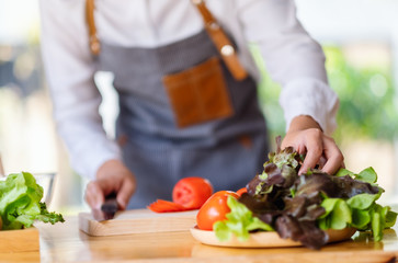 Closeup image of a woman chef prepare lettuce and vegetables to cook in kitchen