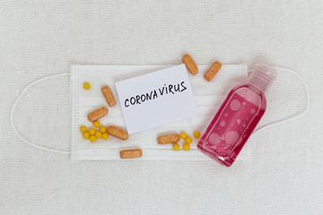 Abstract virus strain model of MERS-Cov or middle East respiratory syndrome coronavirus and Novel coronavirus 2019-nCoV with text on white (medical gauze) background.