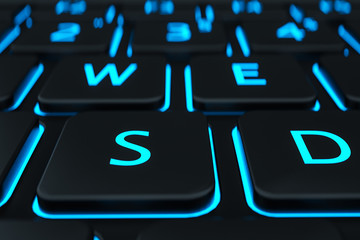 The S keypad laptop button and the symbol glow in the dark. Modern keyboard button closeup in blur background, 3d illustration