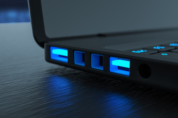 USB port and glowing symbol in dark, modern keyboard buttons, close up in blur background, 3d illustration