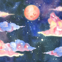 Obraz na płótnie Canvas night starry sky with pink moon and flying colorful clouds