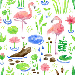 Watercolor seamless pattern with flamingo and water plants. Cute background with pink birds, lakes, leaves, water lily, flowers for children textile, wallpaper, wrapping, covers