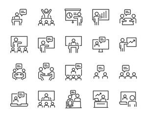 set of  meeting icons, presentation, seminar, training, classroom,