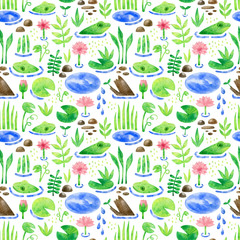 Watercolor seamless pattern with green frogs and water plants. Cute background with toad, lake, water lily, flowers, leaves, trees for children textile, wallpaper, wrapping, covers