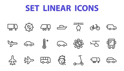 Set of public transport related vector line icons. Contains icons such as bus, bike, suitcase, car, scooter, truck, transport, trolley bus, sailboat, motor boat, plane and much more. Editable stroke.