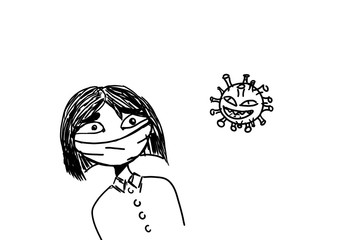 Hand sketch, illustration of masked girl looking frightenedly at flying Corona Virus. MERS-CoV