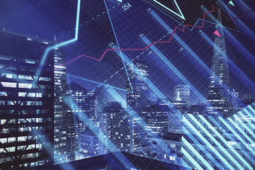 Financial graph on night city scape with tall buildings background multi exposure. Analysis concept.