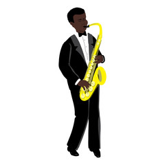 Naklejka premium Vector Illustration of black man playing the saxophone in the style of the 1920s. Handsome young jazz man. Character in flat style, isolated on a white background