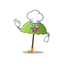 Cute green umbrella cartoon character wearing white chef hat