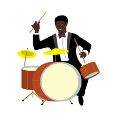 Fototapeta premium Vector Illustration of black man beating the drums in the style of the 1920s. Handsome young jazz musician dressed in an elegant tuxedo. Character in flat style, isolated on a white background