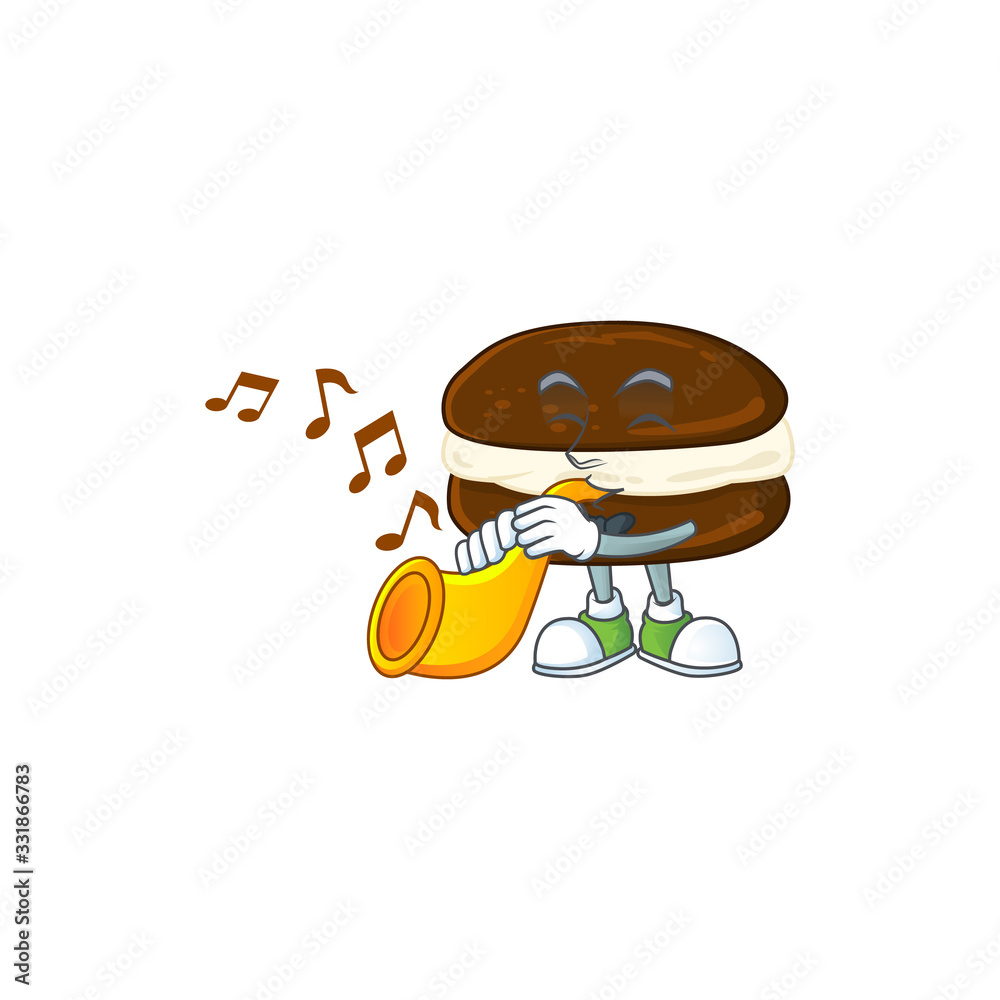 Sticker Whoopie pies cartoon character playing music with a trumpet