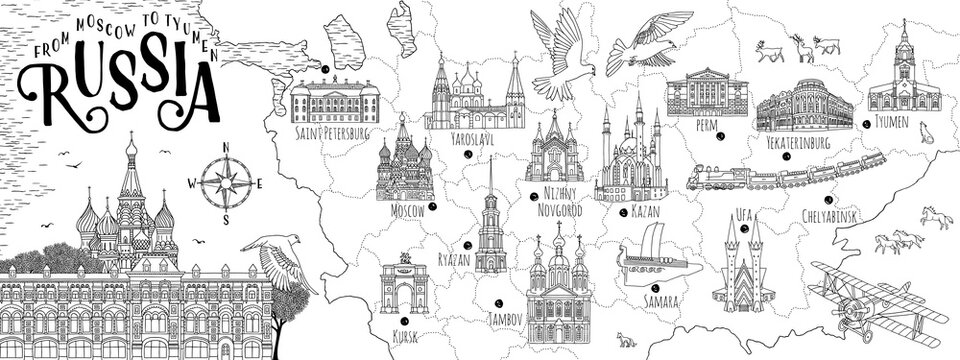Hand drawn black and white ink map of Russia, from Moscow to Tyumen, with important sights, churches and mosques
