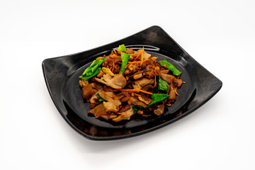 Chicken Fried Kway Teow, rice noodles on white background