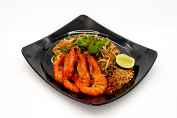Pad Thai Stir Fried Asian Noodles With prawn on white background