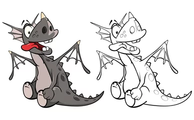 Gordijnen Vector Illustration of a Cute Cartoon Character Dragon for you Design and Computer Game. Coloring Book Outline Set  © liusa
