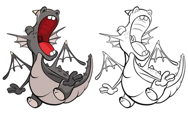 Raamstickers Vector Illustration of a Cute Cartoon Character Dragon for you Design and Computer Game. Coloring Book Outline Set  © liusa