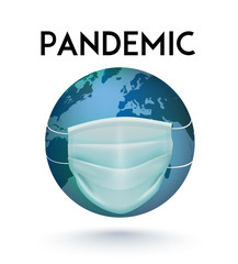 Pandemic Poster with realistic medical mask on the Earth. Virus protection. Vector illustration