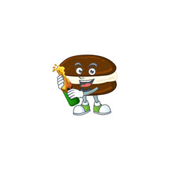 mascot cartoon design of whoopie pies with bottle of beer