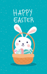 happy easter celebration card with rabbit and eggs painted in basket