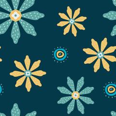 Vector bright floral seamless pattern on the dark background. Botanical illustration. Artwork for wallpaper, textile, greeting cards, invitations, prints, home decor.