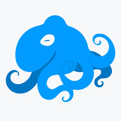 Blue cute octopus hand drawn simple flat. Underwater inhabitant of the ocean poulpe for logo, icon, postcard. Stock vector cartoon illustration isolated on white background.