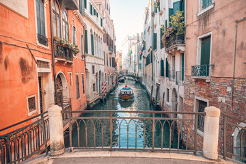 Gondola to parking in narrow canal, Venice. Italy landscape