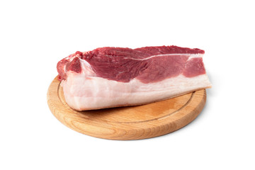 Raw pork shoulder meat on wooden board isolated on white background.