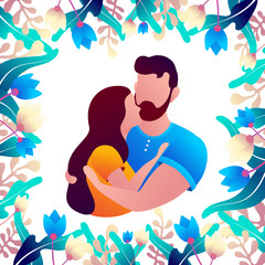 A guy and a girl are hugging in a frame of flowers and leaves on a white background. Vector illustration coming to valentine s day