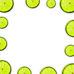 Flat layout green lime slices for summer seasonal concept. Ripe sliced lime on white background decorated with blank white copy space.