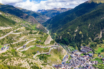 View from the Quer viewpoint the town of Canillo and the mountain pass of the House in the...