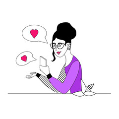 Vector outline illustration of a hipster girl flirting on the phone in modern style. Mobile dating. Together at a distance. Vector contour illustration for your creativity.
