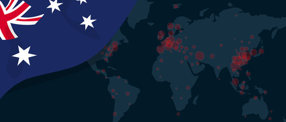 Corona virus covid-19 pandemic outbreak world map spread with flag of Australia illustration