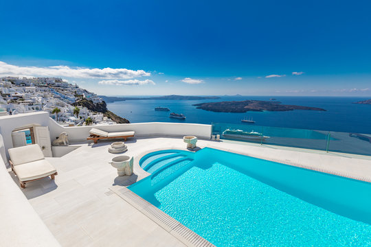 Swimming Pool With Sea View. White Architecture On Santorini Island, Greece. Beautiful Landscape With Blue Sea View, Luxury Travel And Vacation Background