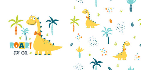 Seamless vector pattern and surface design with cute dinosaur - obrazy, fototapety, plakaty