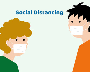 Social Distancing with COVID-19 crisis concept: There are people who wear face masks for protect corona virus. Cartoon vector style for your design.