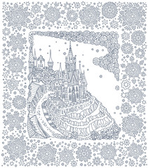 Fantasy black and white landscape. Fairy tale castle on a hill. Fantastic snowflake frame.Christmas and New Year greeting card. T-shirt print. Album cover. Batik paint, adults coloring book page