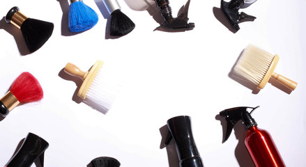 Hairdressing mockup - with brush, spray and sciccors - on white background top-down frame copy...