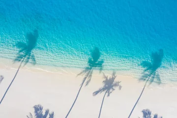 Foto auf Glas Aerial beach landscape. Minimalist beach view from drone or airplane, palm shadows in white sand near blue sea with beautiful ripples and waves. Perfect summer beach landscape banner. Exotic blue sea © icemanphotos
