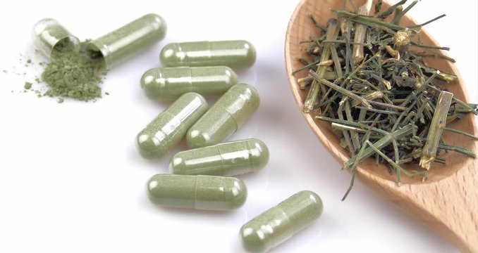 Fa thalai chon, kariyat herb antiviral activity (Andrographis Paniculata) Capsules on a white background.