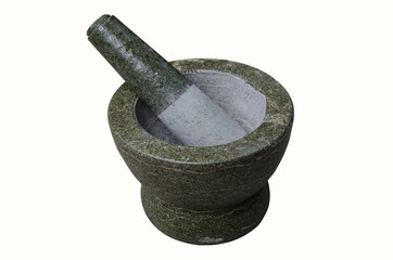New strong granite mortar and flail for pounding on white background